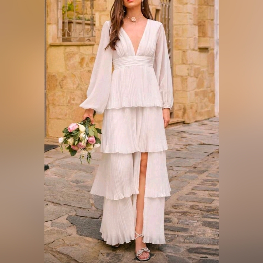 New Flowy Pleated Tiered Maxi Dress Bishop Long Sleeve White - Picture 5 of 11